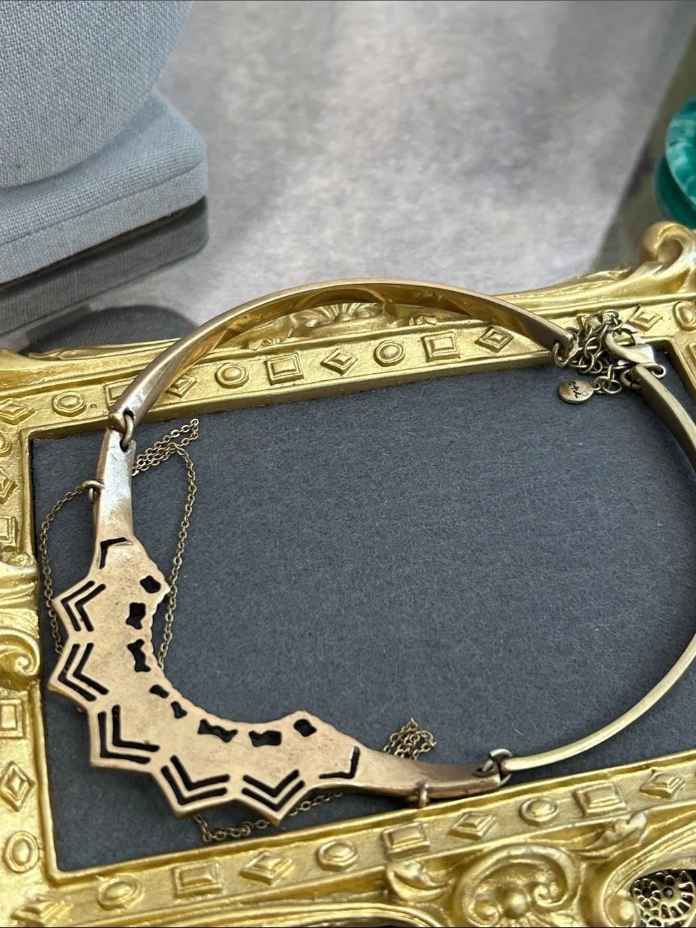 Gold-Tone Blue Stone Geometric Boho Statement Collar Necklace - Women Jewelry